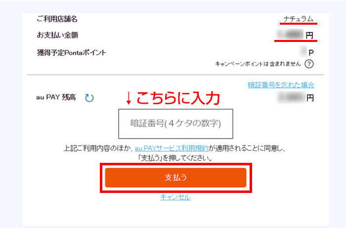 ご利用店舗名が「ナチュラム」であること、お支払い金額をご確認の上、暗証番号を入力して「支払う」をクリックします。
