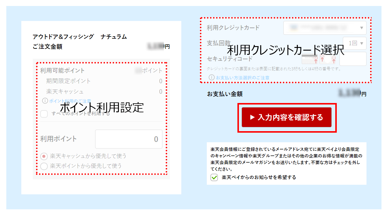ご利用になるクレジットカード・ポイントを入力し、表示内容を確認の上「入力内容を確認する」のボタンをクリックします。
